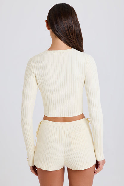 Ribbed Knit Tie Mini Shorts in Cream