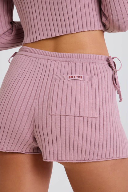 Ribbed Knit Tie Mini Shorts in Mauve