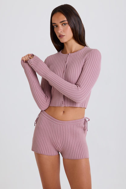 Ribbed Knit Tie Mini Shorts in Mauve