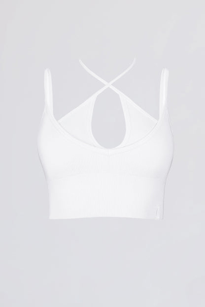 Seamless Soft Rib Crossover Sports Bra in White
