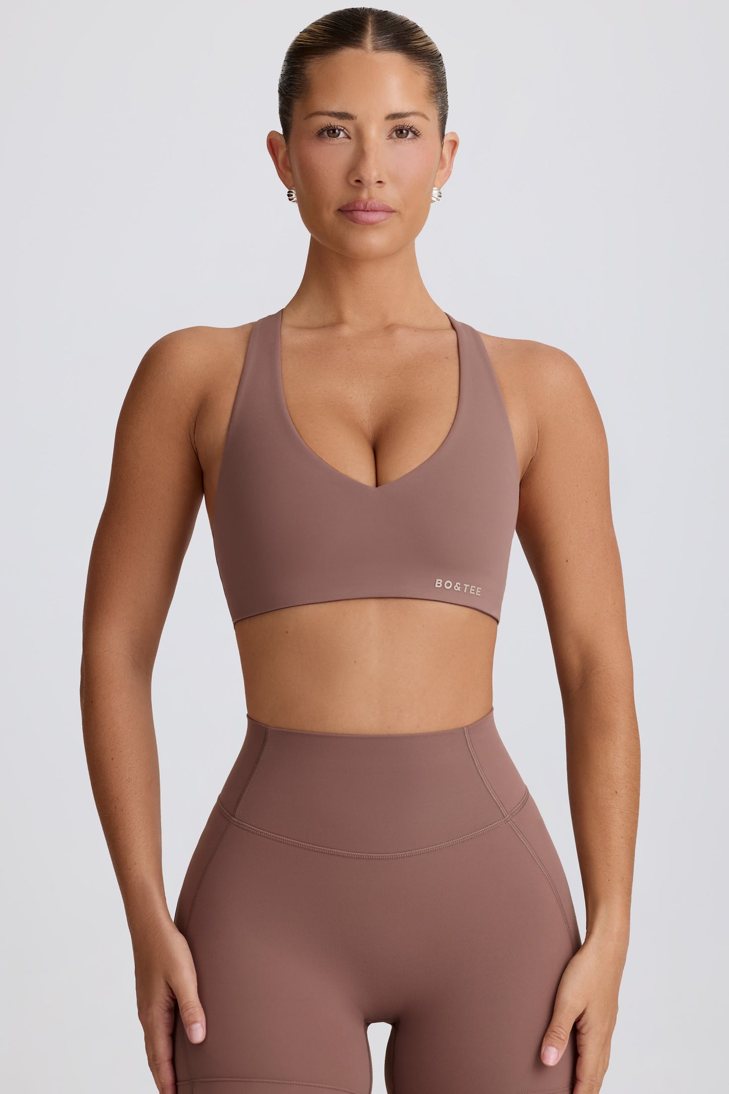 Soft Active V-Neck Sports Bra in Mocha