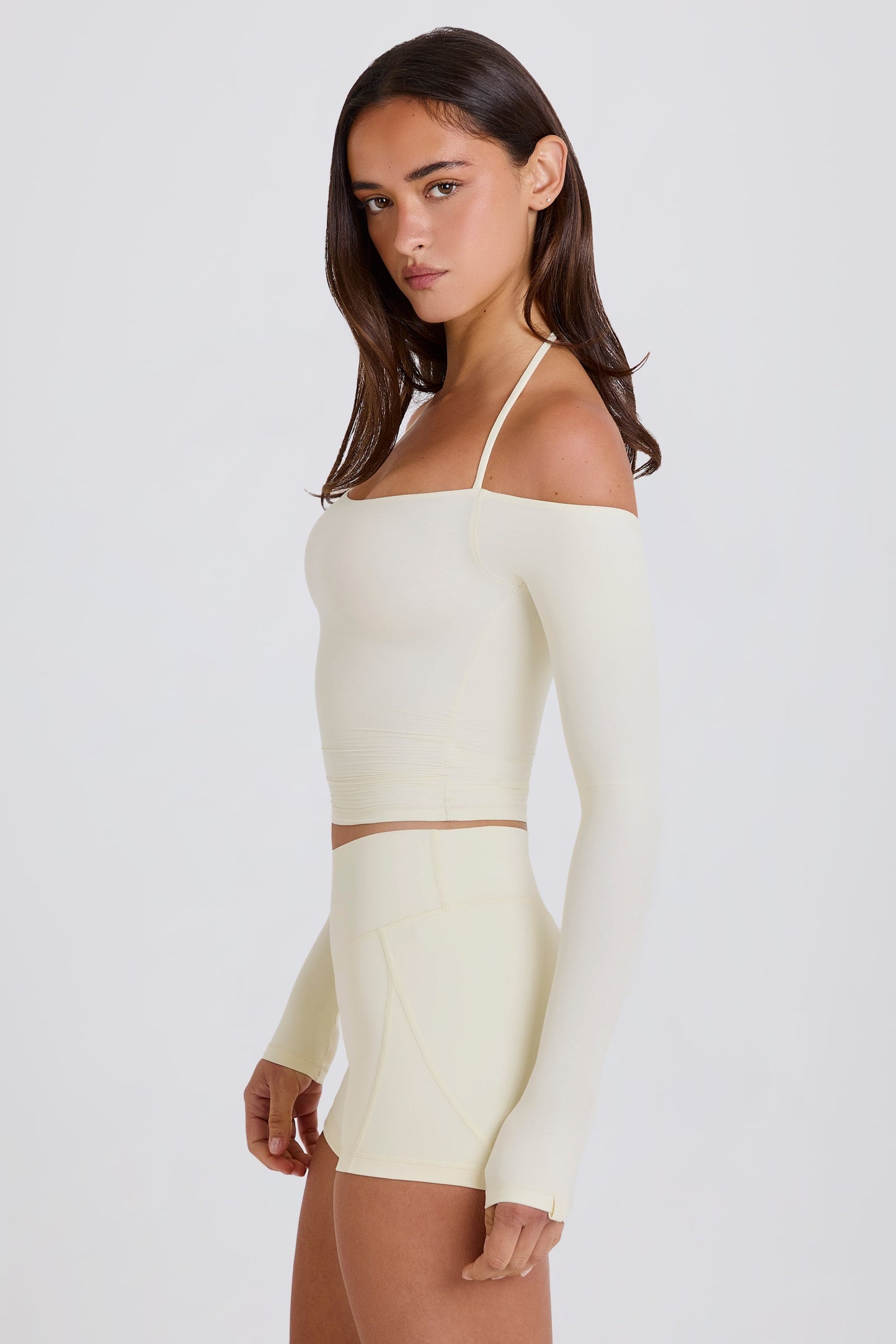 Soft Jersey Off-Shoulder Halterneck Longline Top in Cream