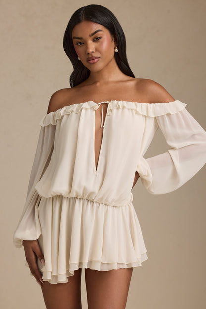 Off-Shoulder Asymmetric Balloon-Sleeve Mini Dress in Ivory