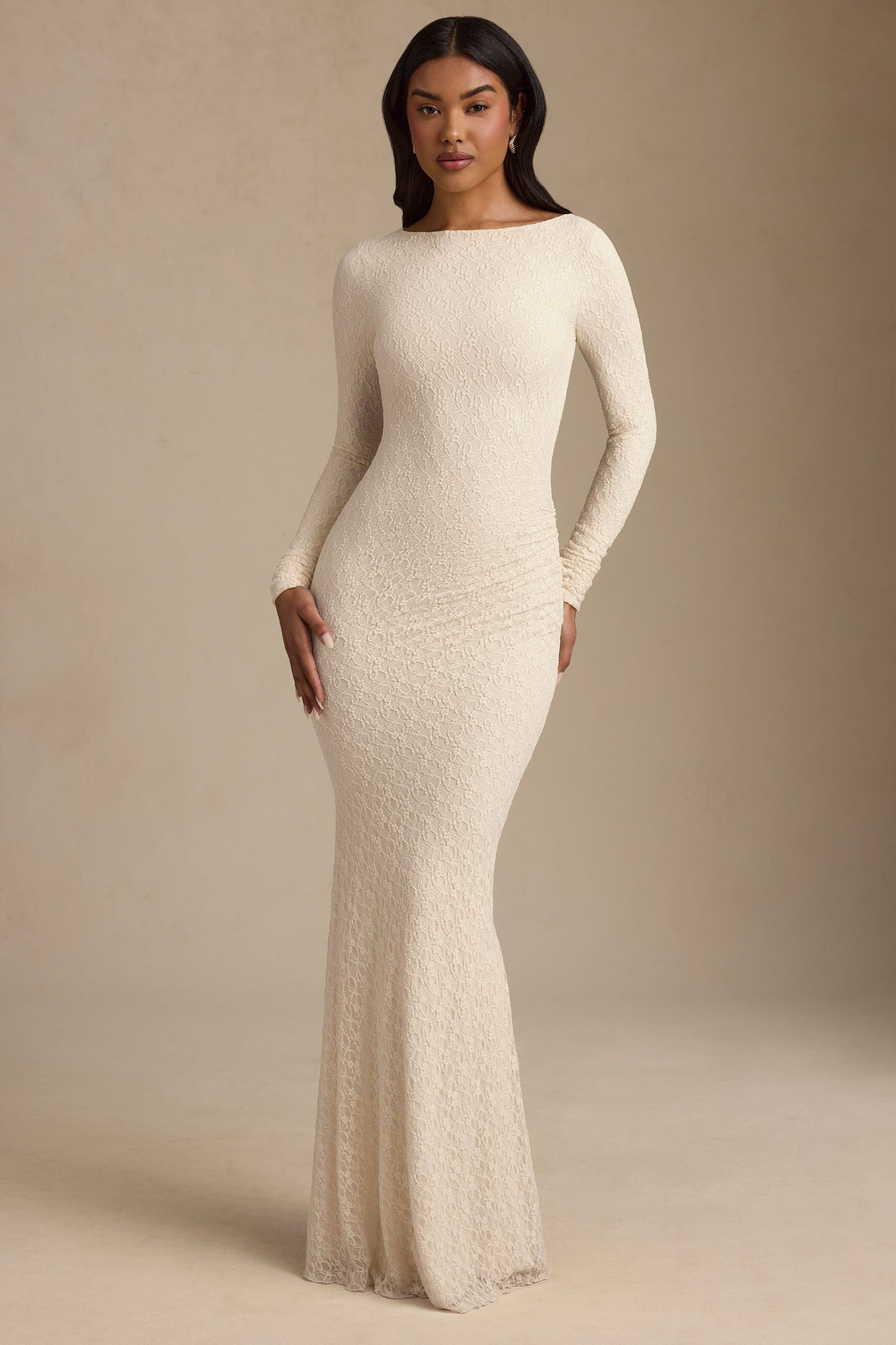 Ruched Backless Lace Maxi Dress in Ivory