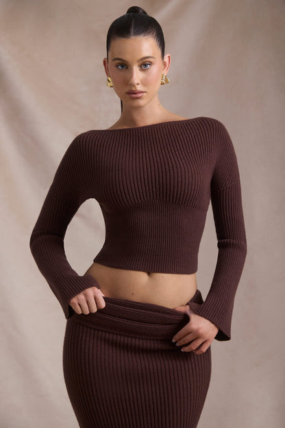 Ribbed-Knit Slash-Neck Top in Espresso