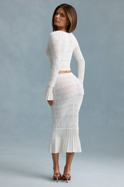 Ruffle-Trim Pointelle-Knit Midaxi Skirt in White